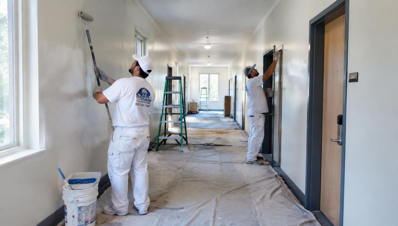 Representative image of a commercial painting crew working an institutional interior corridor
