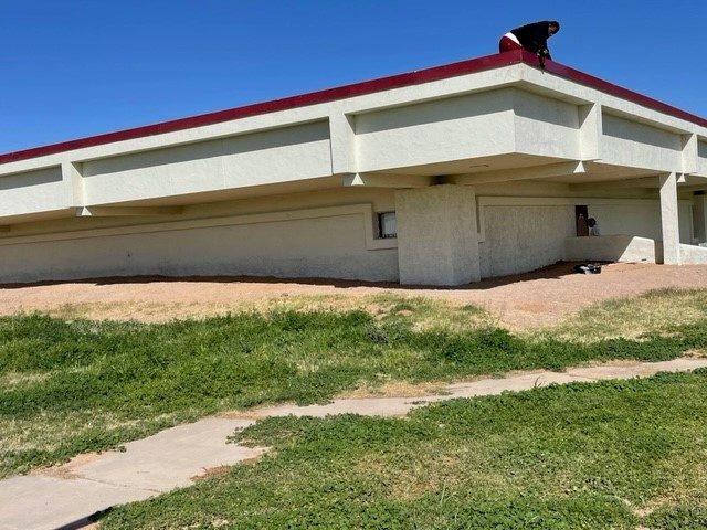 Painted school buildings at San Simon Elementary School, San Simon, Arizona
